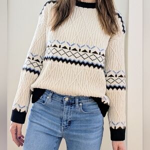 Vintage Textured Geometric Ribbed Cable Knit Crewneck Sweater In Ivory/Black